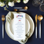 Cartão de Menu Casamento de Flor com Anêmona Aquar<br><div class="desc">Este Cartão de Menu de Casamento apresenta um elegante roteiro azul sobre um fundo branco com texto "menu" rodeado por lindas flores Anêmonas, em rosa, lavanda, azul, roxo e violeta, com folhas verdes. O texto pode ser personalizado editando as caixas de texto. A cor no verso do menu pode ser...</div>