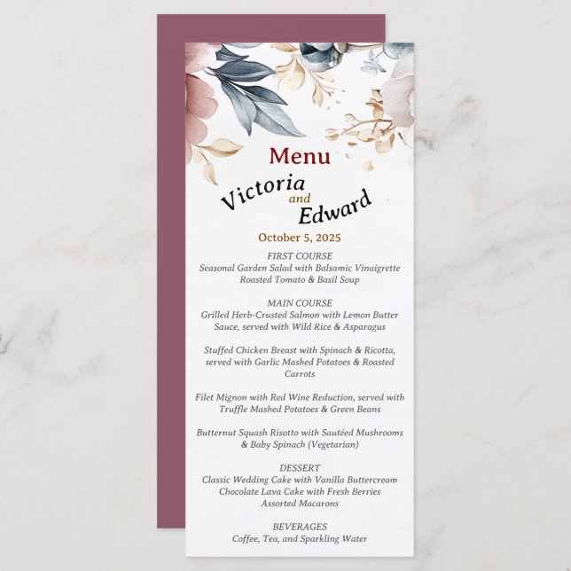 Cartão de Menu Casamento de Luxo Vitoriano Peony L (Frente/Verso)