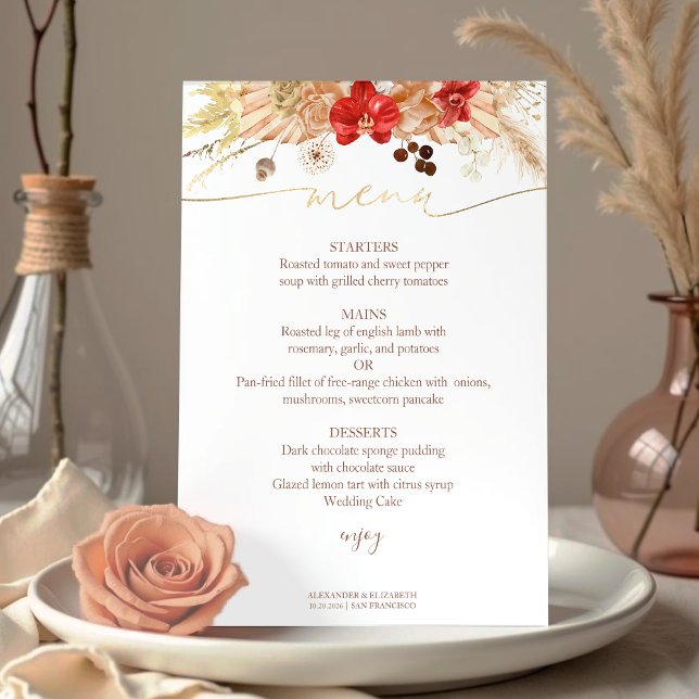 Cartão de Menu Casamento Dourado Boho Floral (Criador carregado)
