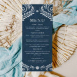 Cartão de Menu Casamento Mexicano Blue Talavera<br><div class="desc">Mostre seu estilo único de casamento com este cartão de menu Talavera,  com um papel picado mexicano rústico. Perfeito para casais trazendo tons azuis vibrantes e charme tradicional para suas mesas de recepção. Para obter mais itens coordenadores visite nossa Coleção de Casamentos Blue Talavera</div>