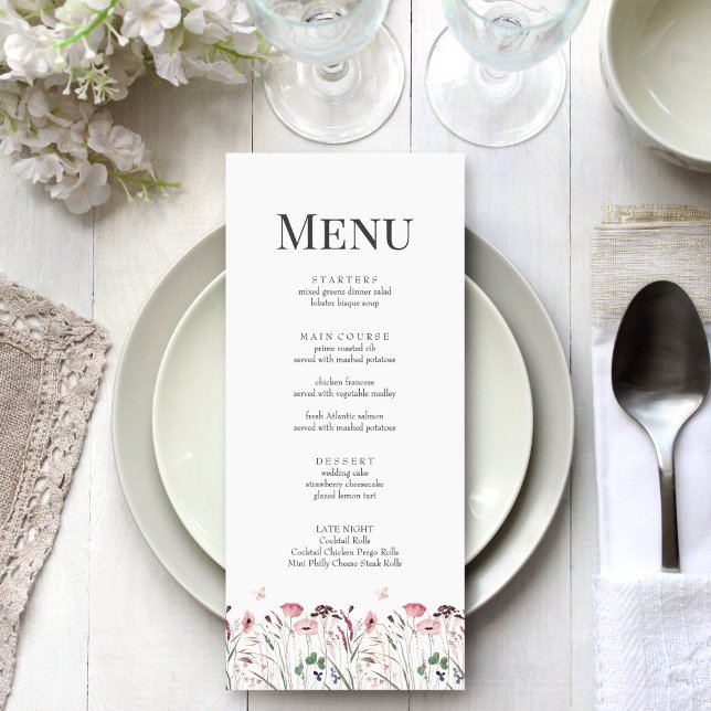 Cartão de Menu Casamento Pano-Pano Cor-de-Rosa (Pink Poppy Meadow Wedding Menu Card on a boho white wedding table)