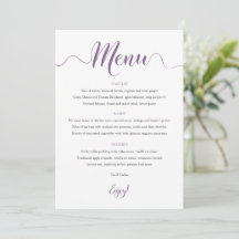 Cartão de Menu Casamento Roxo 5x7