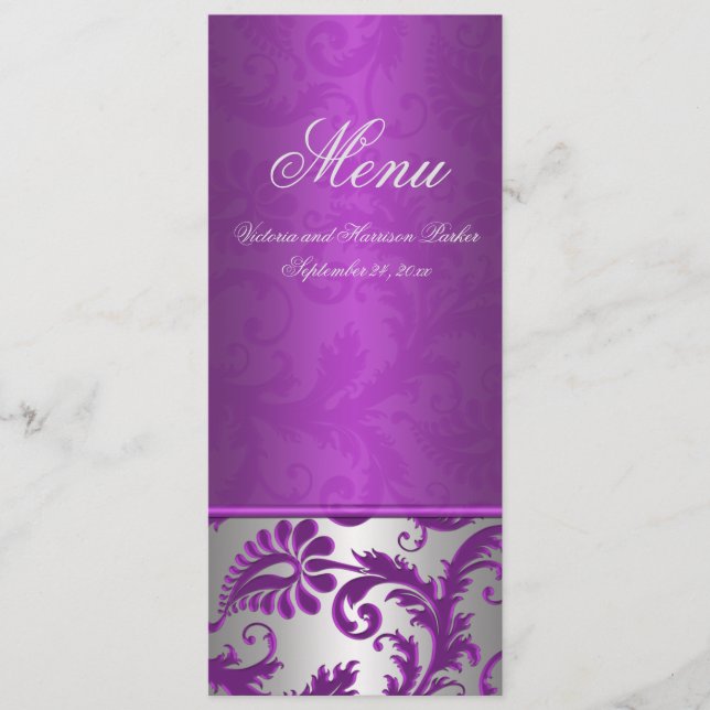 Cartão de Menu Casamento Silver and Purple Damask  (Frente)