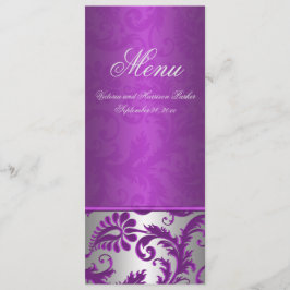 Cartão de Menu Casamento Silver and Purple Damask