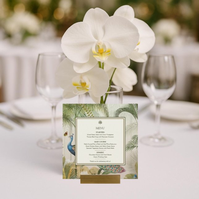 Cartão de Menu Casamento Tropical Peacock Palm Squ (Elegant Peacock & Palm Wedding Menu Card – Tropical Reception Table Decor)