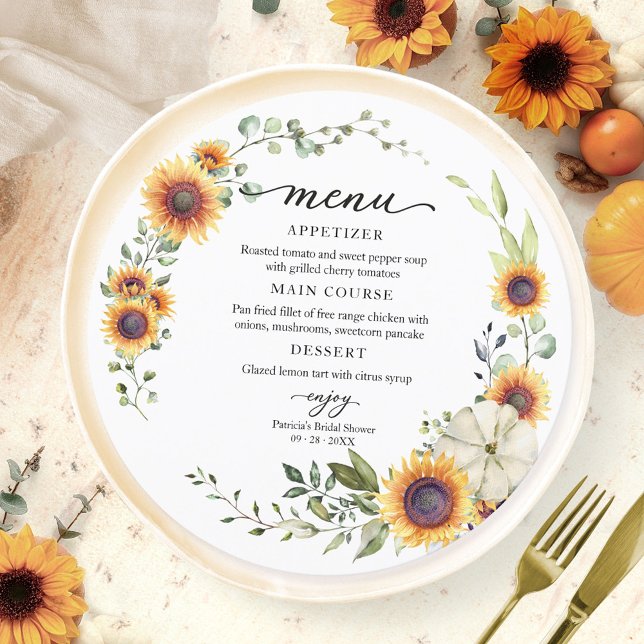 Cartão de Menu Circular Chá de Noiva Girassóis Abó (Criador carregado)