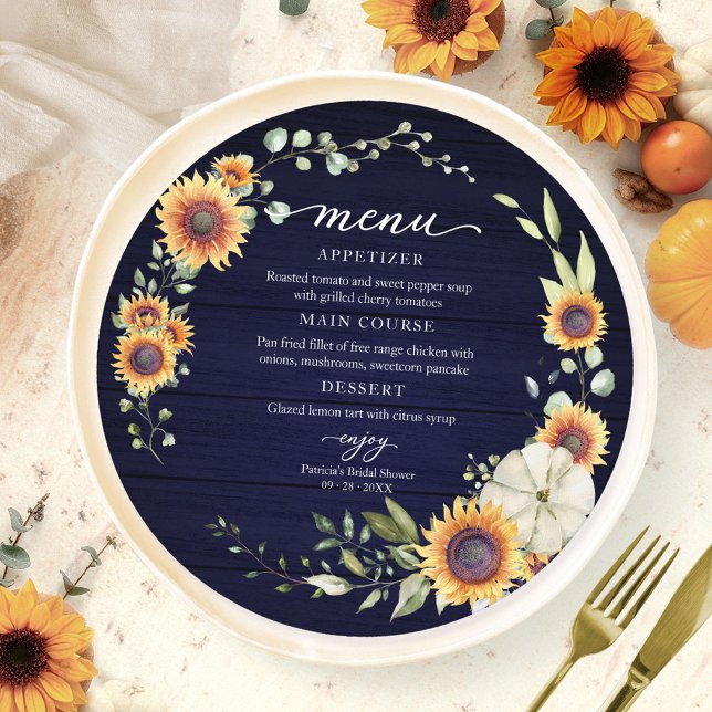 Cartão de Menu Circular Chá de Noiva Girassol Abób (Criador carregado)