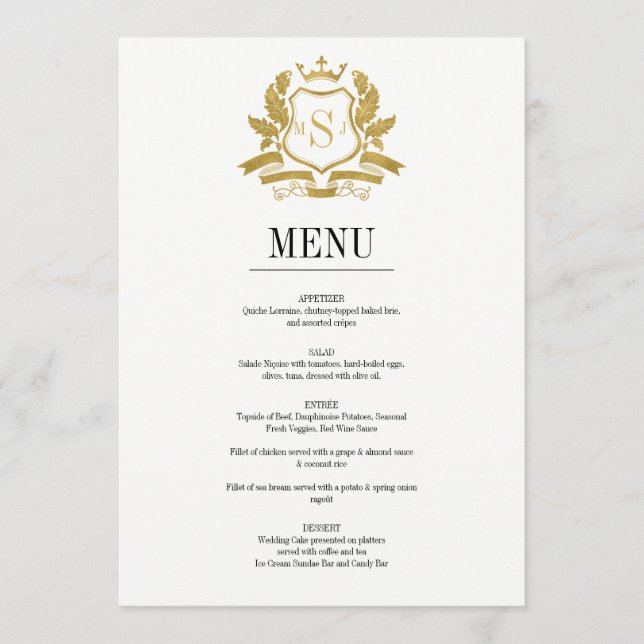 Cartão de Menu Clássico de Casamento Crest Dourado (Frente)