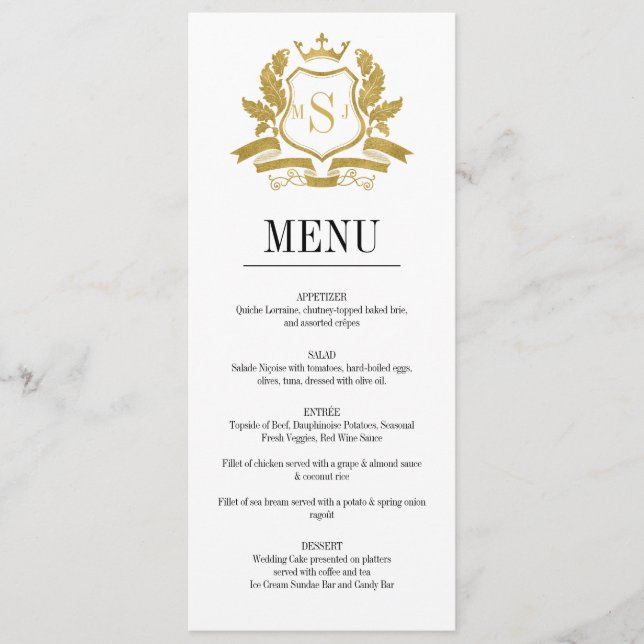 Cartão de Menu Clássico de Casamento Crest Dourado (Frente)