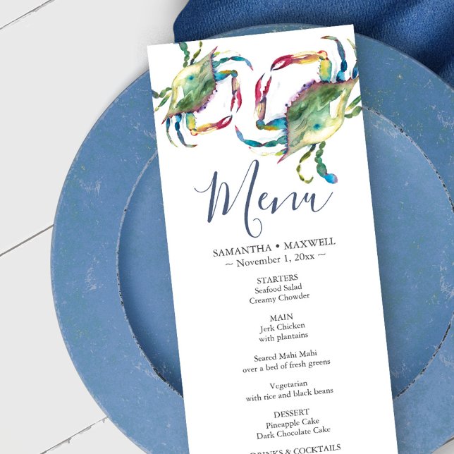 Cartão de Menu Costeiro de Caranguejo Azul-Aquarel (Wedding decor beach menu card blue crabs watercolor art by Victoria Grigaliunas)