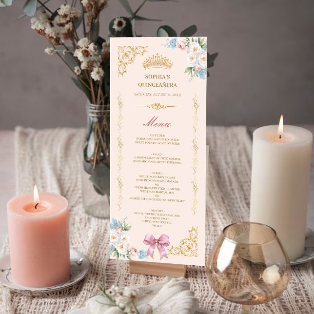 Cartão de Menu Customizado Classy Crown Pink Bow Q (Classy Crown Pink Bow Quinceanera Custom Menu Card)
