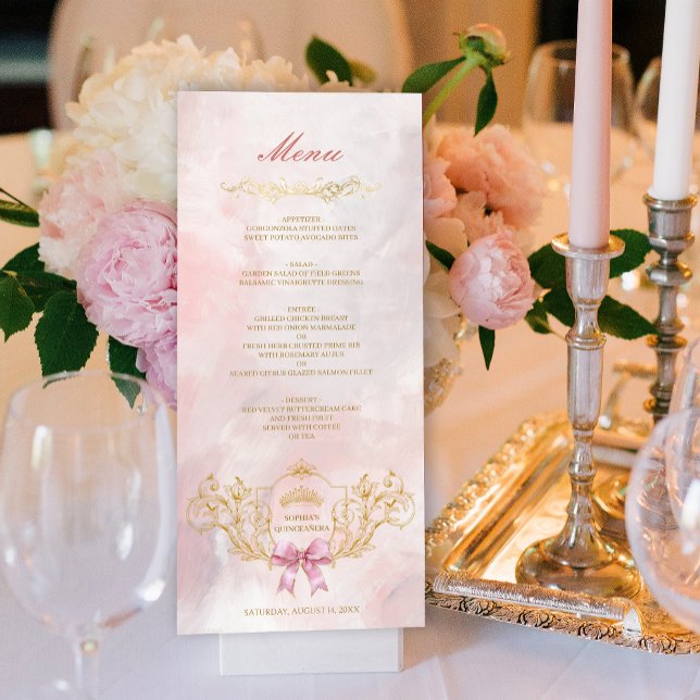 Cartão de Menu Customizado Quinceanera com Coroa e (Classy Crown Pink Bow Quinceanera Custom Menu Card)
