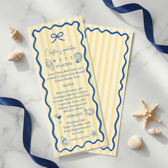 Cartão de Menu da Festa de Formatura Náutica | Cos (Nautical Graduation Party Menu Card | Blue Coastal#graduationmenu #graduationparty #graduationdecor )
