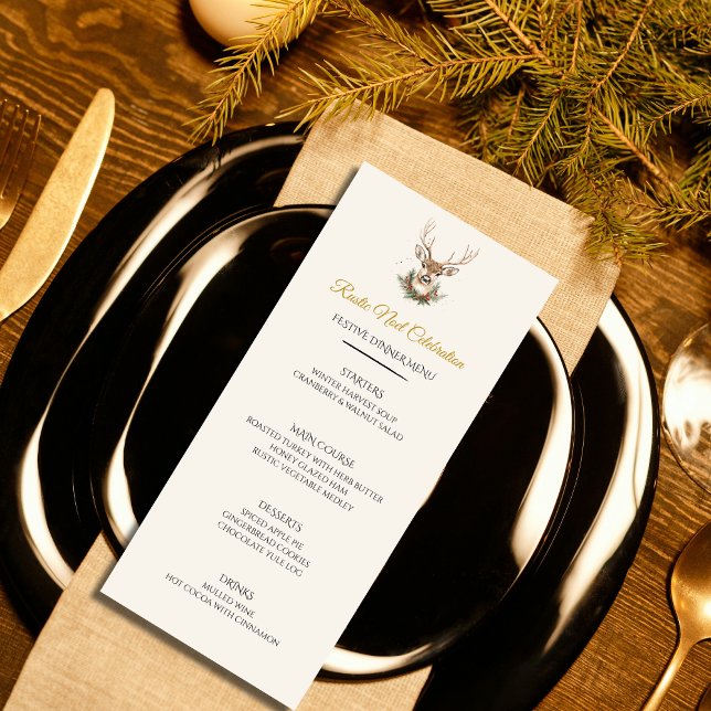 Cartão de Menu da Festa de Natal Rustic Noël (Rustic Noel Christmas menu card — rustic elegance with a grand reindeer. Customizable.)