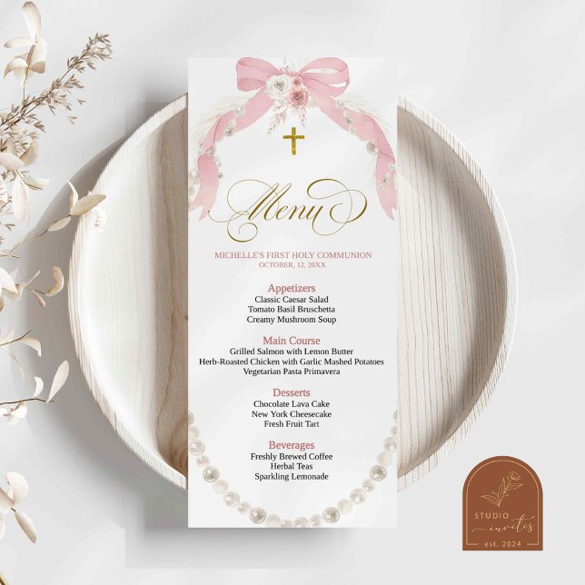 Cartão de Menu da Primeira Comunhão Boho Rosa Péro (Criador carregado)