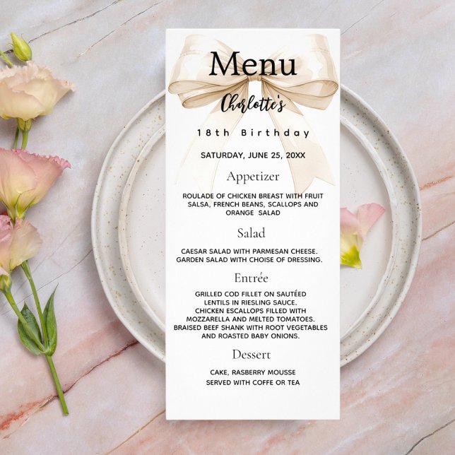 Cartão de menu de aniversário do arco Beige Creme (Criador carregado)