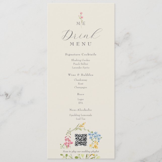Cartão de Menu de Bebidas de Casamento QR Wildflow (Frente)