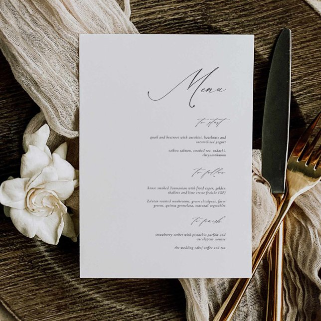 Cartão de Menu de Caligrafia Elegante (elegant modern wedding menu ,  calligraphy minimal wedding menu black and white, 5x7 inches)