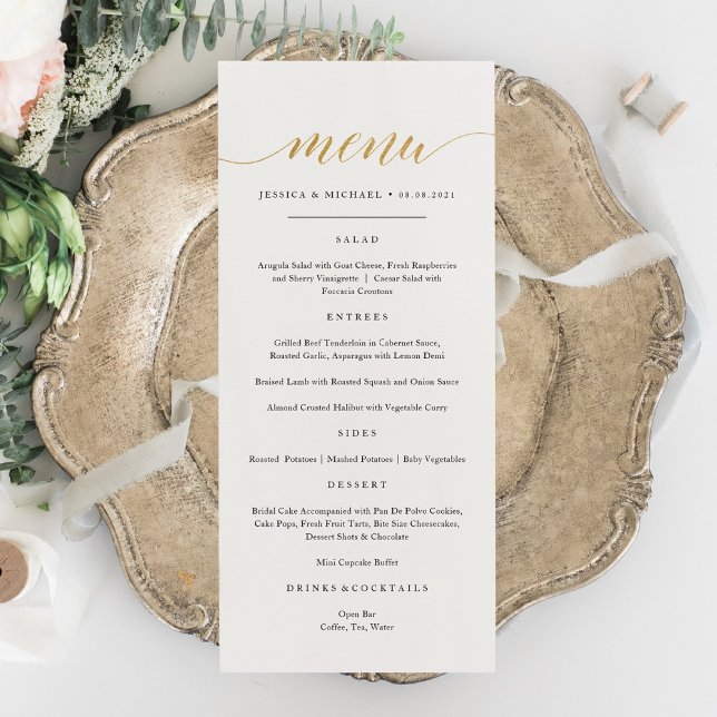 Cartão de Menu de Caligrafia em Faux Dourado Elega (Criador carregado)