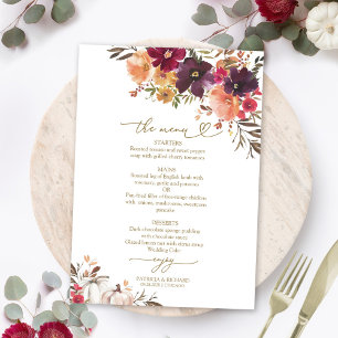 Cartão de Menu de Casamento Abóbora Burgundy para