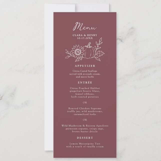 Cartão de Menu de Casamento Abóbora Comprido em Bo (Frente)
