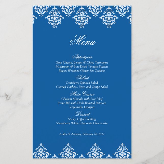Cartão de Menu de Casamento Árabe com Damasco Bran (Frente)