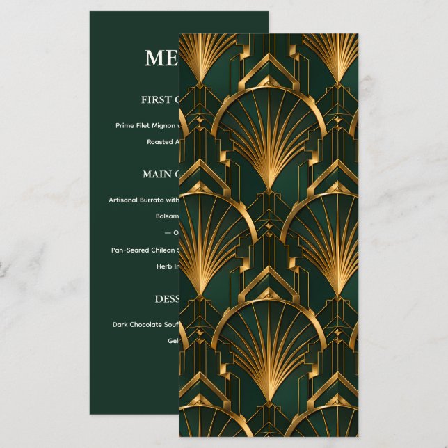 Cartão de Menu de Casamento Art Déco de Gatsby (Frente/Verso)