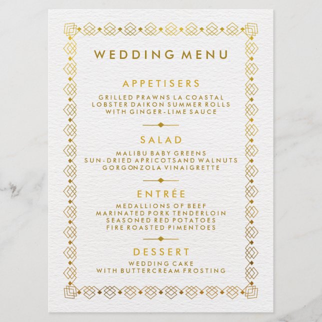 Cartão de Menu de Casamento Art Deco Dourado (Frente)