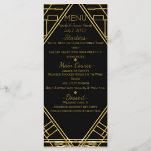 Cartão de Menu de Casamento Art Deco Dourado e Pre