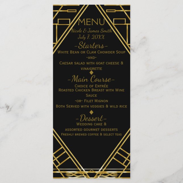 Cartão de Menu de Casamento Art Deco Dourado e Pre (Frente)