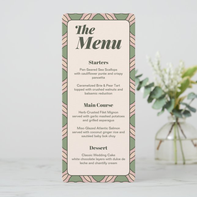 Cartão de Menu de Casamento Art Déco Verde Sage (Em pé/Frente)