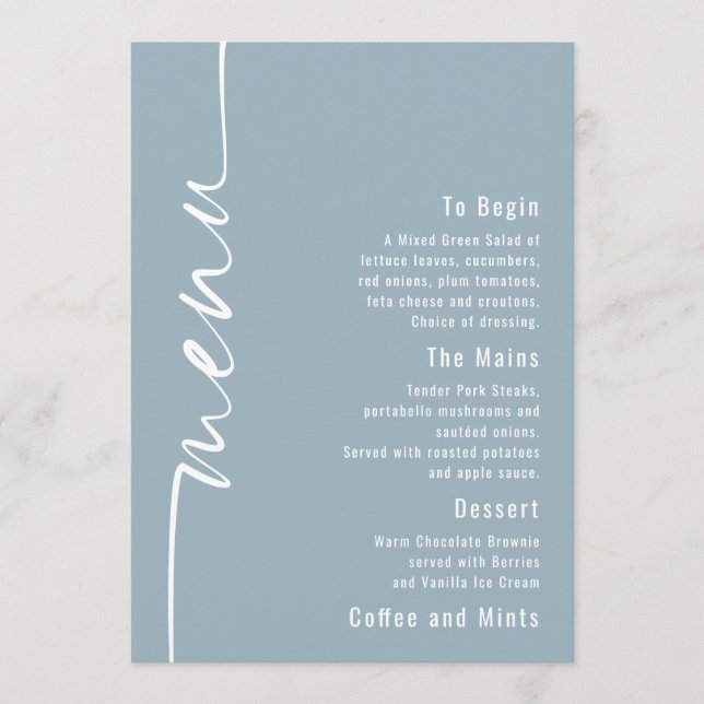 Cartão de Menu de Casamento Azul com Dureza de Tex (Frente)