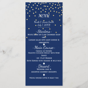 Cartão de Menu de Casamento Azul e Dourado com Con