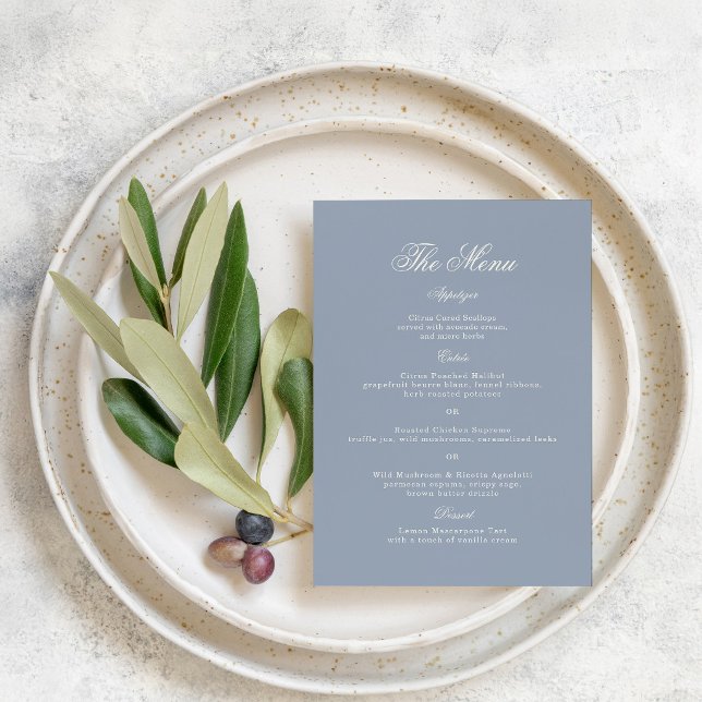 Cartão de Menu de Casamento Azul Elegante (Criador carregado)