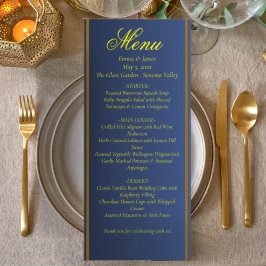 Cartão de Menu de Casamento Azul Naval e Dourado E