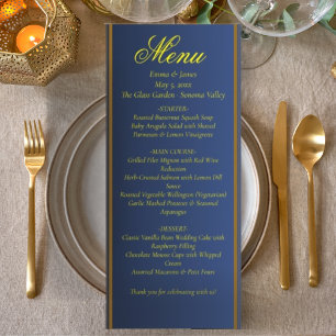 Cartão de Menu de Casamento Azul Naval e Dourado E