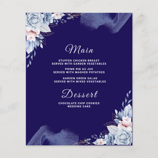 Cartão de menu de casamento azul naval elegante (Frente)
