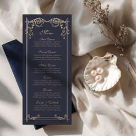 Cartão de Menu de Casamento Barroco Azul Marinho