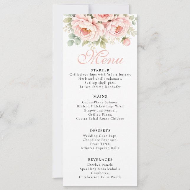Cartão de Menu de Casamento Blush Peony (Frente)
