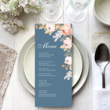 Cartão de Menu de Casamento Boho Azul e Peônias Ro