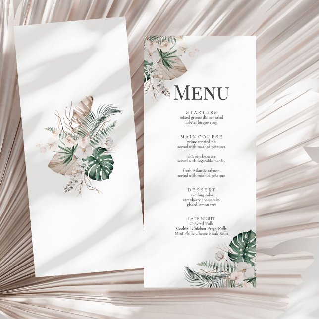 Cartão de Menu de Casamento Boho Orquídea Tropical (Boho Tropical Orchid & Monstera Wedding Menu Card on a sunny white dry palm leaf.)