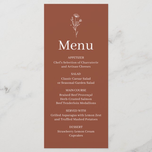 Cartão de Menu de Casamento Boho Terracota (Frente)