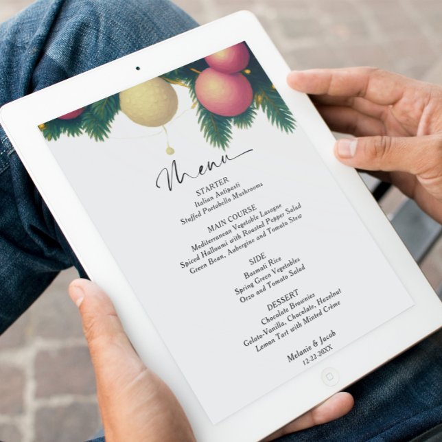 Cartão de Menu de Casamento Bolas de Natal (Criador carregado)