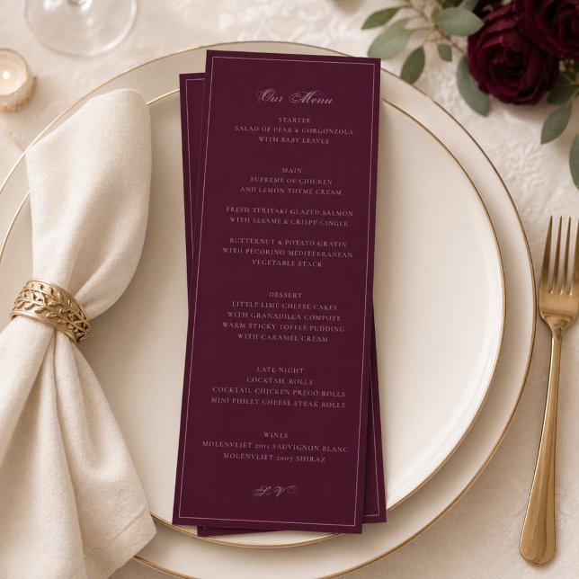 Cartão de Menu de Casamento Borgonha | Recepção Fo (Criador carregado)