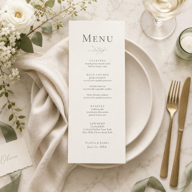 Cartão de Menu de Casamento Botânico com Sage Mode (Modern Sage Botanical Wedding Menu Card on an elegant wedding dinner table with tiny flowers)