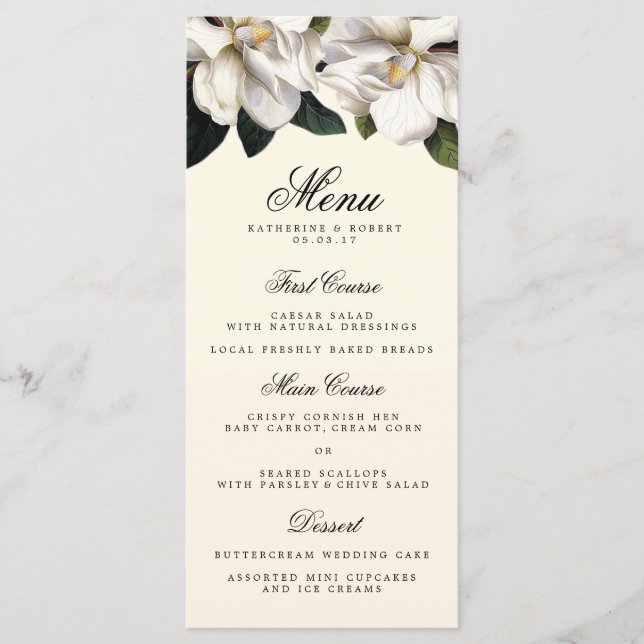 Cartão de Menu de Casamento Botânico da Magnolia M (Frente)