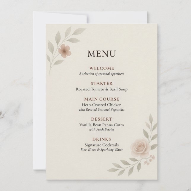 Cartão de Menu de Casamento Botânico Elegante (Frente)