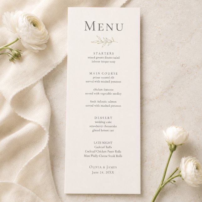 Cartão de Menu de Casamento Botânico em Marfim e D (Ivory & Antique Gold Botanical Wedding Menu Card on an elegant marble table with white flowers)