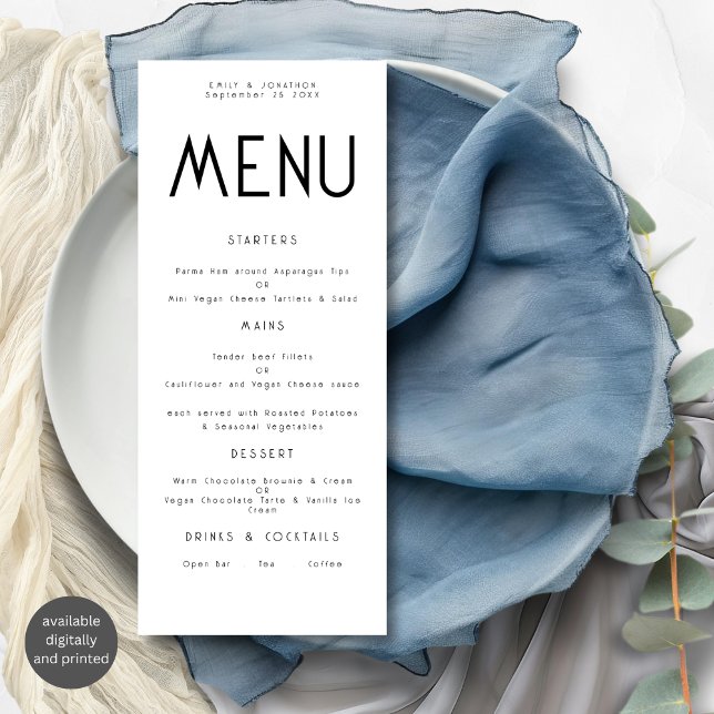 Cartão de Menu de Casamento Branco Preto de Texto  (Criador carregado)