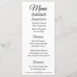 Cartão de Menu de Casamento Branco Preto Elegante
